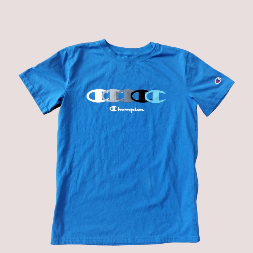 Champion T-Shirt Child Size XL Blue Spell Out Graphic Retro Cotton Short Sleeve